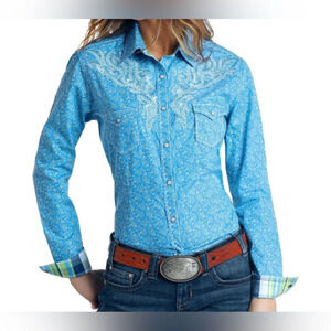 Panhandle Rough Stock Womens Blue Snap Pearl Button Collared Shirt Size L #1480